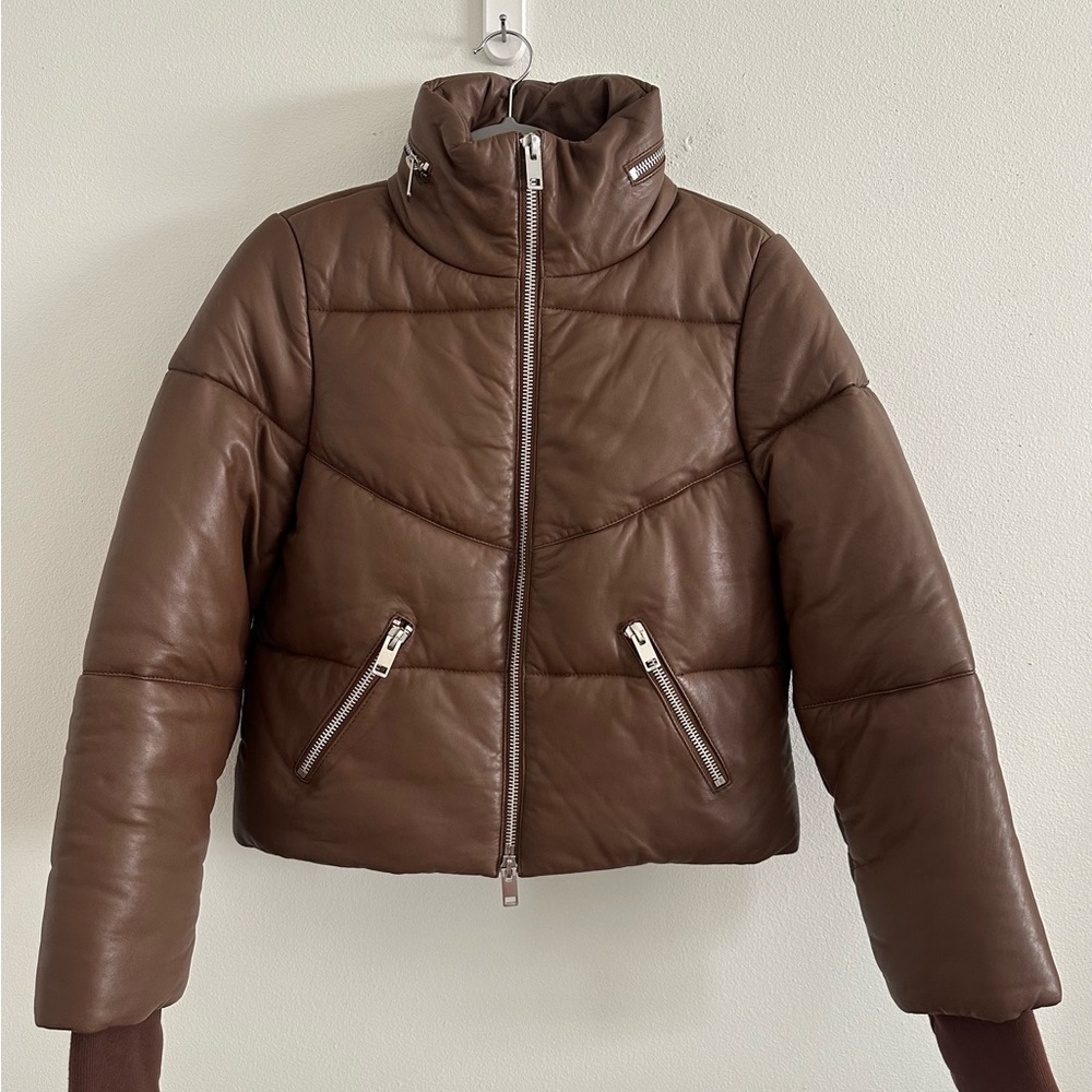 Walter Baker Edwina Brown Leather Puffer Jacket with Silver Zipper Size XS